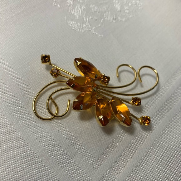 Vintage Amber Rhinestone Brooch Pin Gold Tone Large Marquise Small Square - Picture 10 of 12